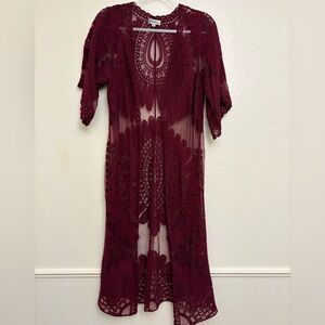 Rebellion Again Burgundy Lace Midi Overlay Dress Sheer Half Sleeve Cotton M